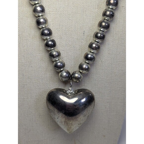 Silver Tone Ball Chain Big Puffy Heart Marked Korea - Picture 1 of 4